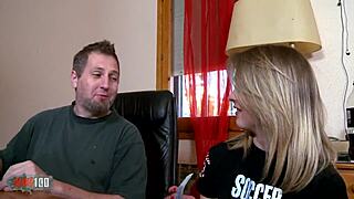 larry pounds horny blonde secretary's throat then unloads facial