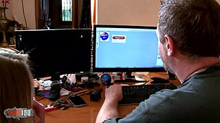 larry pounds horny blonde secretary's throat then unloads facial