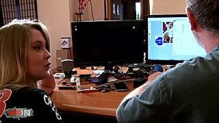 larry pounds horny blonde secretary's throat then unloads facial