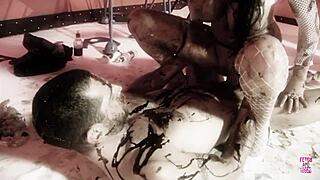 Naughty brunette oils up and rides hard doggy style