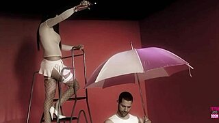 Naughty brunette oils up and rides hard doggy style