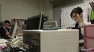 japanese office babe seduces coworker for sloppy uncensored cock ride at work