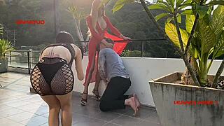 stylish horny ladyboy with huge cock in red dominates her skinny client