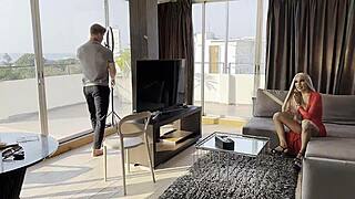 stylish horny ladyboy with huge cock in red dominates her skinny client