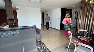 stylish horny ladyboy with huge cock in red dominates her skinny client