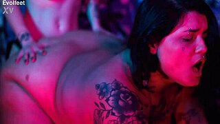 Latina lesbian foot lovers lick toes suck feet then strap on fuck wet pussies and big tits