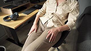 naughty milf secretary teases fat cameltoe pussy lips through tight trousers up close