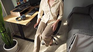 naughty milf secretary teases fat cameltoe pussy lips through tight trousers up close