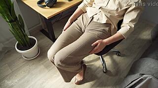 naughty milf secretary teases fat cameltoe pussy lips through tight trousers up close