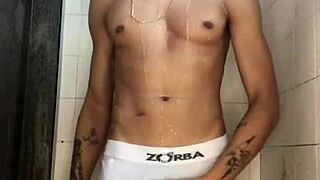 whoa thick cock stud jerks furiously in hot shower stream!