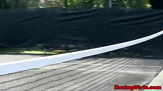 sorority babes haze each other with pussy eating on tennis court