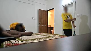 while maid cleans she delivers blowjob then hard pussy fuck