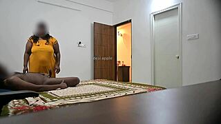 while maid cleans she delivers blowjob then hard pussy fuck