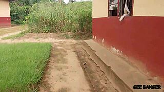 Sweet ebony babe makes love in school backyard