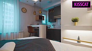 horny brunette milf with big tits undresses for rough cowgirl ride and creampie in shared bed