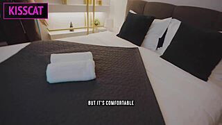 horny brunette milf with big tits undresses for rough cowgirl ride and creampie in shared bed