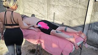 outdoor massage turns into bareback ass pounding session