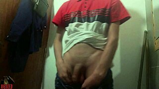 Skinny guy masturbates huge cock in work bathroom cumshot