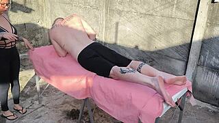 outdoor massage turns into bareback ass pounding session