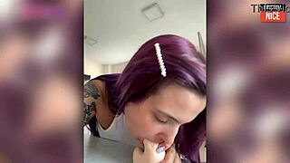 Purple Haired Beauty Delivers Deep Slow Sensual Blowjob Close Up