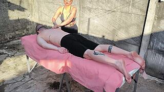 outdoor massage turns into bareback ass pounding session