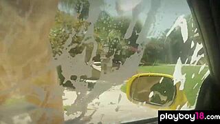 Bubble-covered ebony milf misty stone washes car nude with petite teen friends