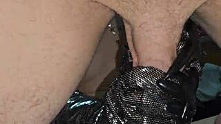 Gloved milf teases pierced nipples while handjob milking skinny wife's wet thong pussy