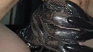 Gloved milf teases pierced nipples while handjob milking skinny wife's wet thong pussy