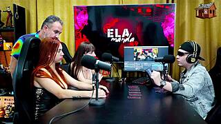 brazilian babe's pink pussy licked hard on podcast table