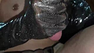 Gloved milf teases pierced nipples while handjob milking skinny wife's wet thong pussy
