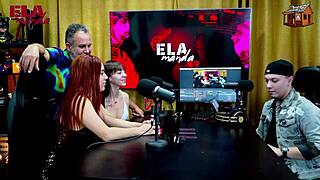 brazilian babe's pink pussy licked hard on podcast table
