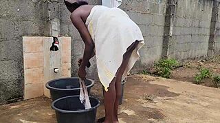 Sex Addicted Housewife Bitch FUCKS Husband's Friend Outside Window!