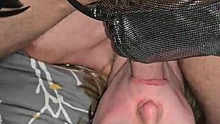 Gloved milf teases pierced nipples while handjob milking skinny wife's wet thong pussy