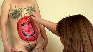 body paint sparks fat milf's lesbian games with slim girlfriend