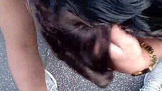 On the balcony, I suck his huge cock then spread my wet Brazilian pussy wide open