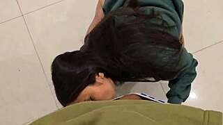 athletic brunette babe gives sloppy big cock handjob blowjob after fitness massage cumshot