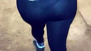 mature street slut in sheer leggings flashes her thong publicly
