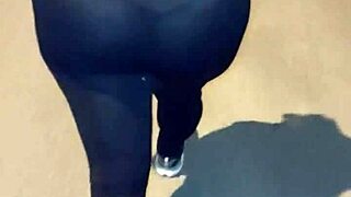 mature street slut in sheer leggings flashes her thong publicly