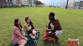 latina threesome tempts with muscular ebony soccer player's big black cock