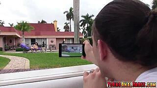 kimber woods suns by pool then takes sneaky outdoor ass pounding