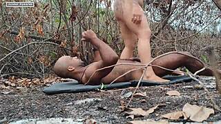 Juicy brunette milf caught licking swollen pussy for neighbor in wild bush encounter