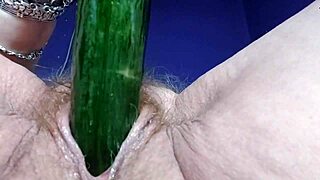german mature stuffs hairy pussy and ass with cucumber