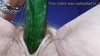 german mature stuffs hairy pussy and ass with cucumber