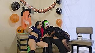 homemade halloween threesome turns wild with juicy tits pussy and ass play