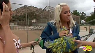 brunette and blonde lesbians toy cheerleader to orgasm