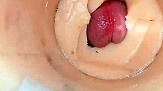 Camera dives deep inside shaved pussy exploding with massive creampie cum