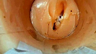 Camera dives deep inside shaved pussy exploding with massive creampie cum