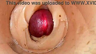 Camera dives deep inside shaved pussy exploding with massive creampie cum