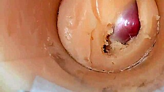 Camera dives deep inside shaved pussy exploding with massive creampie cum