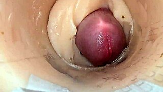 Camera dives deep inside shaved pussy exploding with massive creampie cum